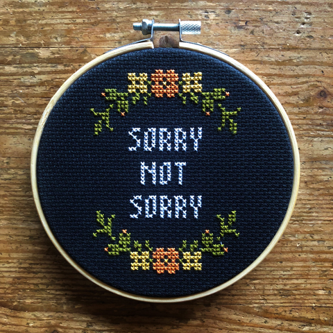 SORRY NOT SORRY Cross Stitch - orange & yellow - animal protection donation